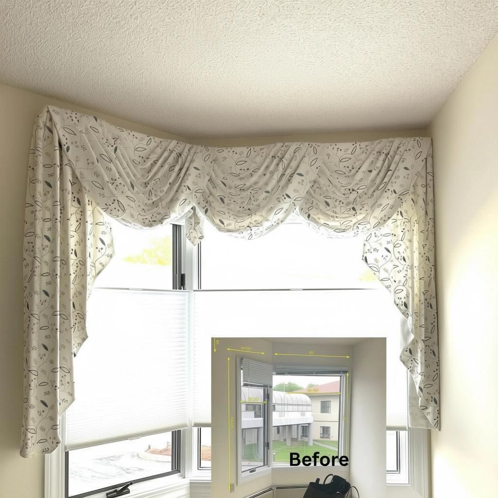Window with white pleated blinds and patterned valance with floral motifs.