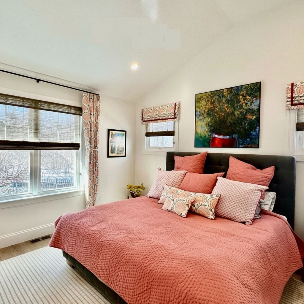 A bedroom has twounique windows on either side of the bed in a NE home - simply windows