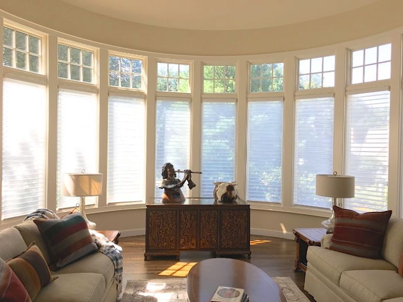 Honeycomb shades regulate light on a beautiful bay window. 