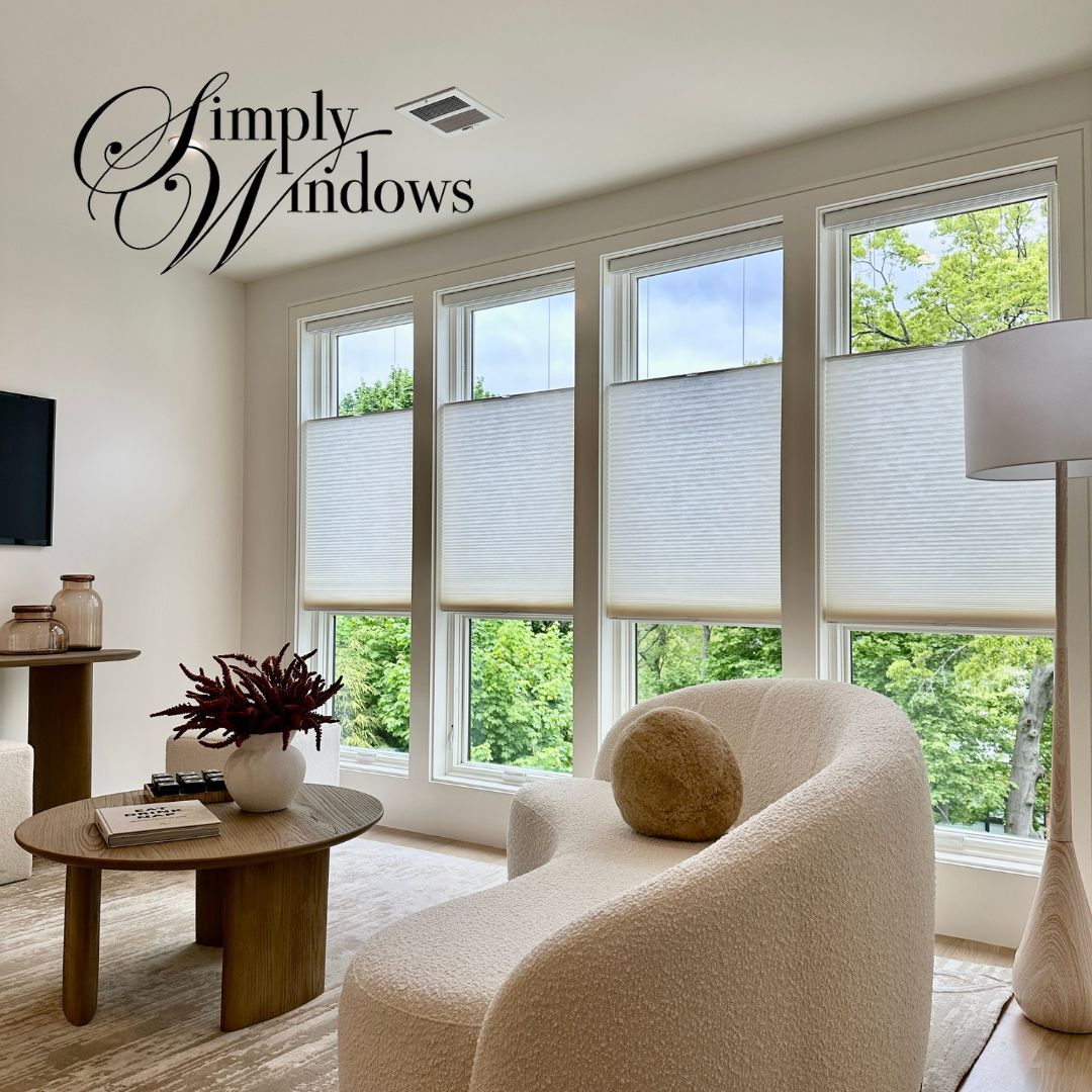 Honeycomb shades in a living room provide potential energy savings - simply windows, ma