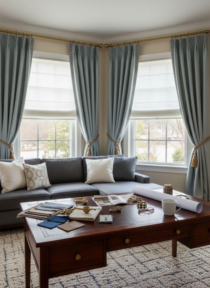 A living room with custom drapery has designer fabric samples on the coffee table.