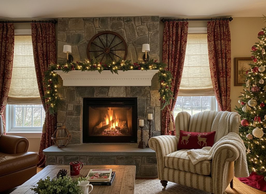 Cozy holiday living room with red drapes, Roman shades, and stone fireplace - simply windows