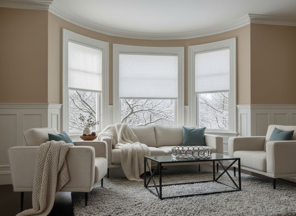 Cozy living room with white cellular shades on bay windows, providing insulation during winter-simply windows