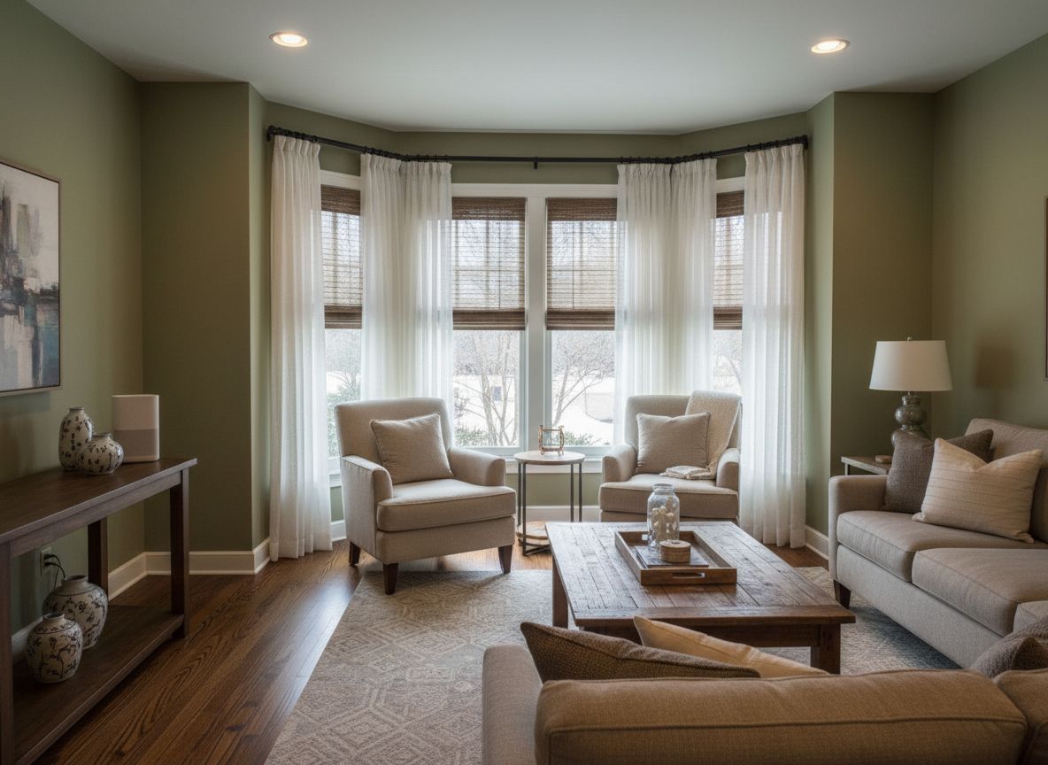 A sage green living room with beige furniture in a NE home with a bay window - simply windows