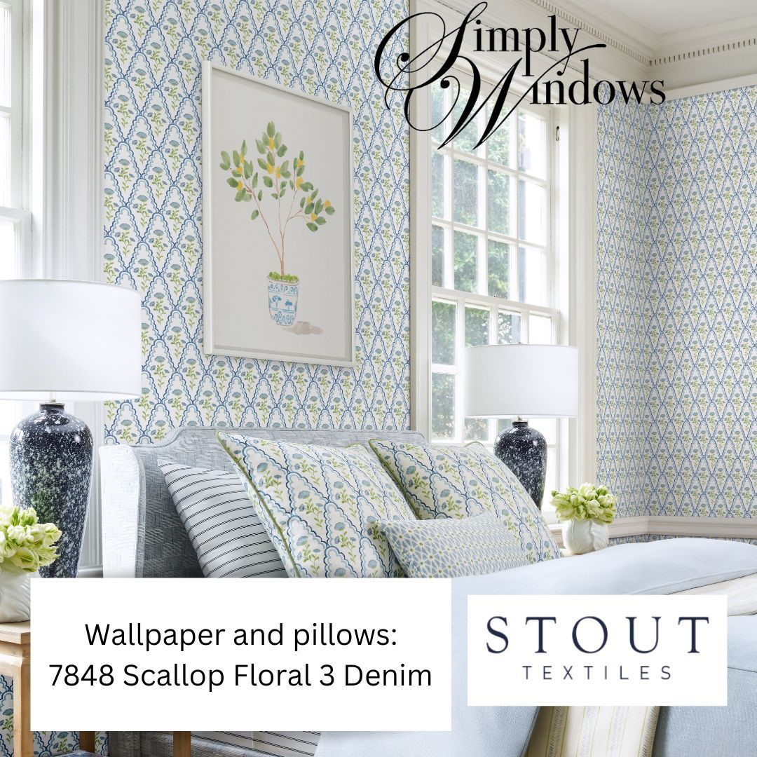 A lovely bedroom in blue shows off Stout fabrics and wallpaper - Simply Windows, ma