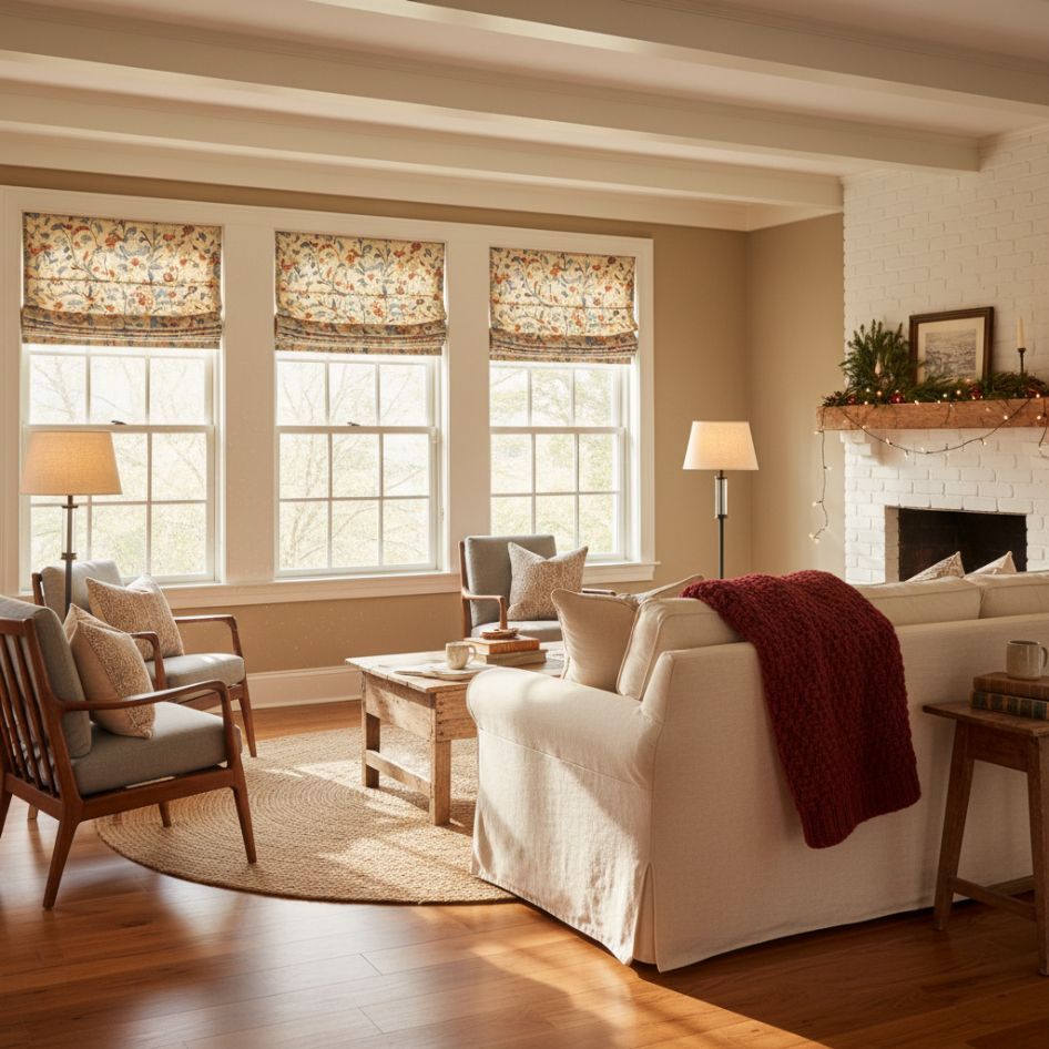 Living room with custom floral Roman shades and a cozy, neutral-toned design.