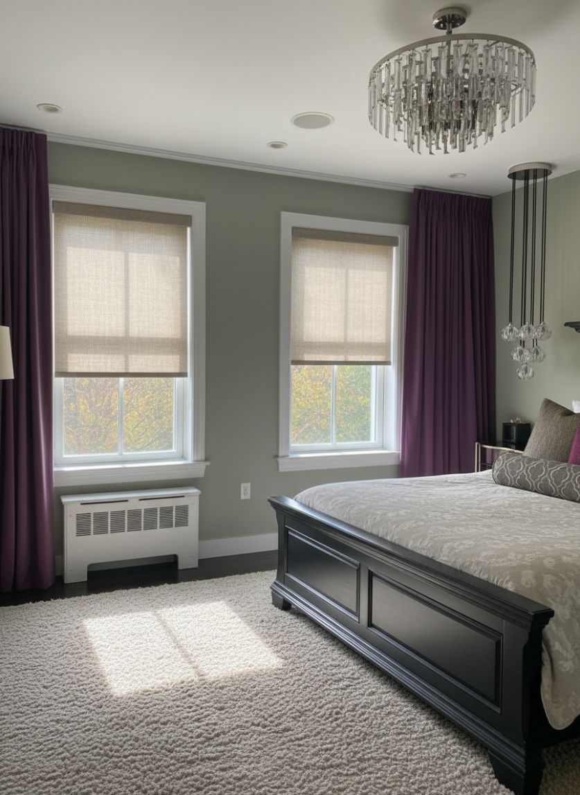 A bedroom with a chandelier had roller shades operated by a smart device - simply windows