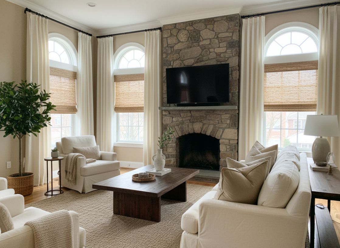A cozy living room with a stone fireplace has drapery and woven wood roman shades
