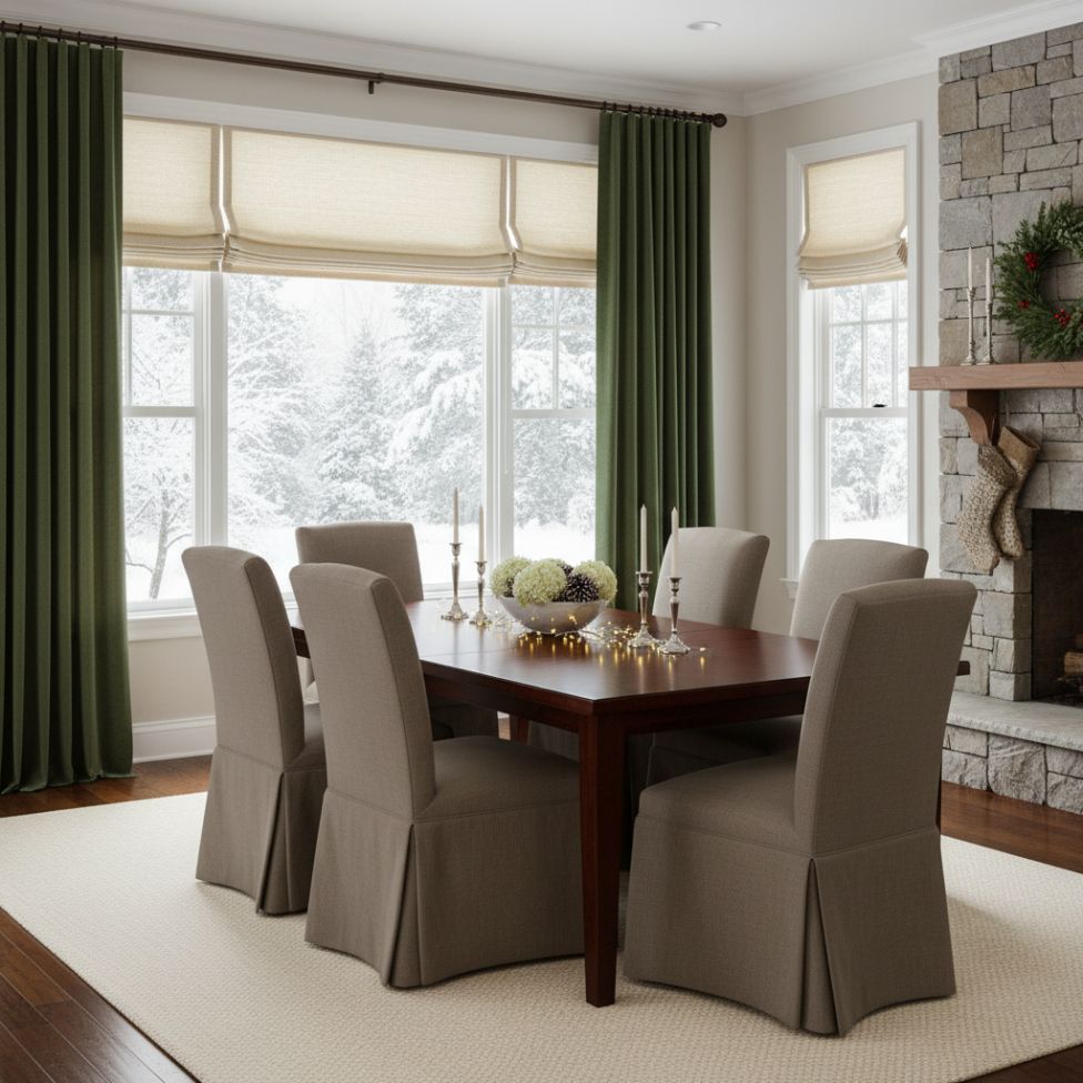 Dining room with green drapes and cream Roman shades, overlooking a snowy New England landscape - simply windows