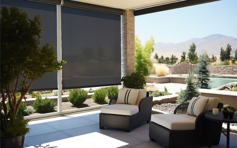 An afternoon patio has shade with exterior patio shades.