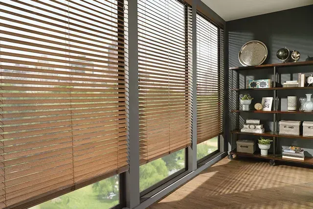 Trapezoidal Bottom Rail on Comfortex Newport Wood Basswood Blinds in Westborough, MA