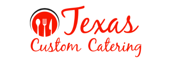 Texas Custom Catering logo in red script with fork and knife icon in a red circle on white background