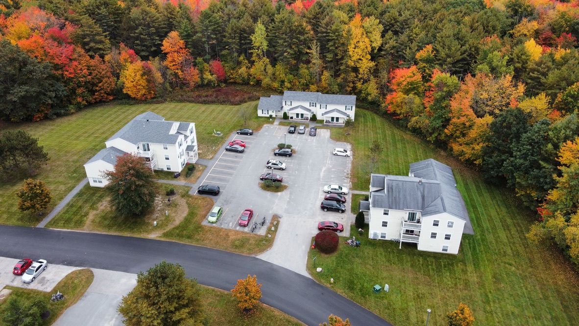 an aerial view of a residential area surrounded by trees in the fall .