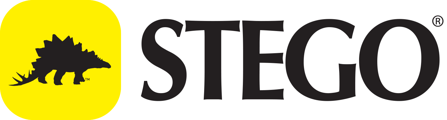 Logo for STEGO, featuring a black dinosaur silhouette inside a yellow circle, next to the brand name in black.