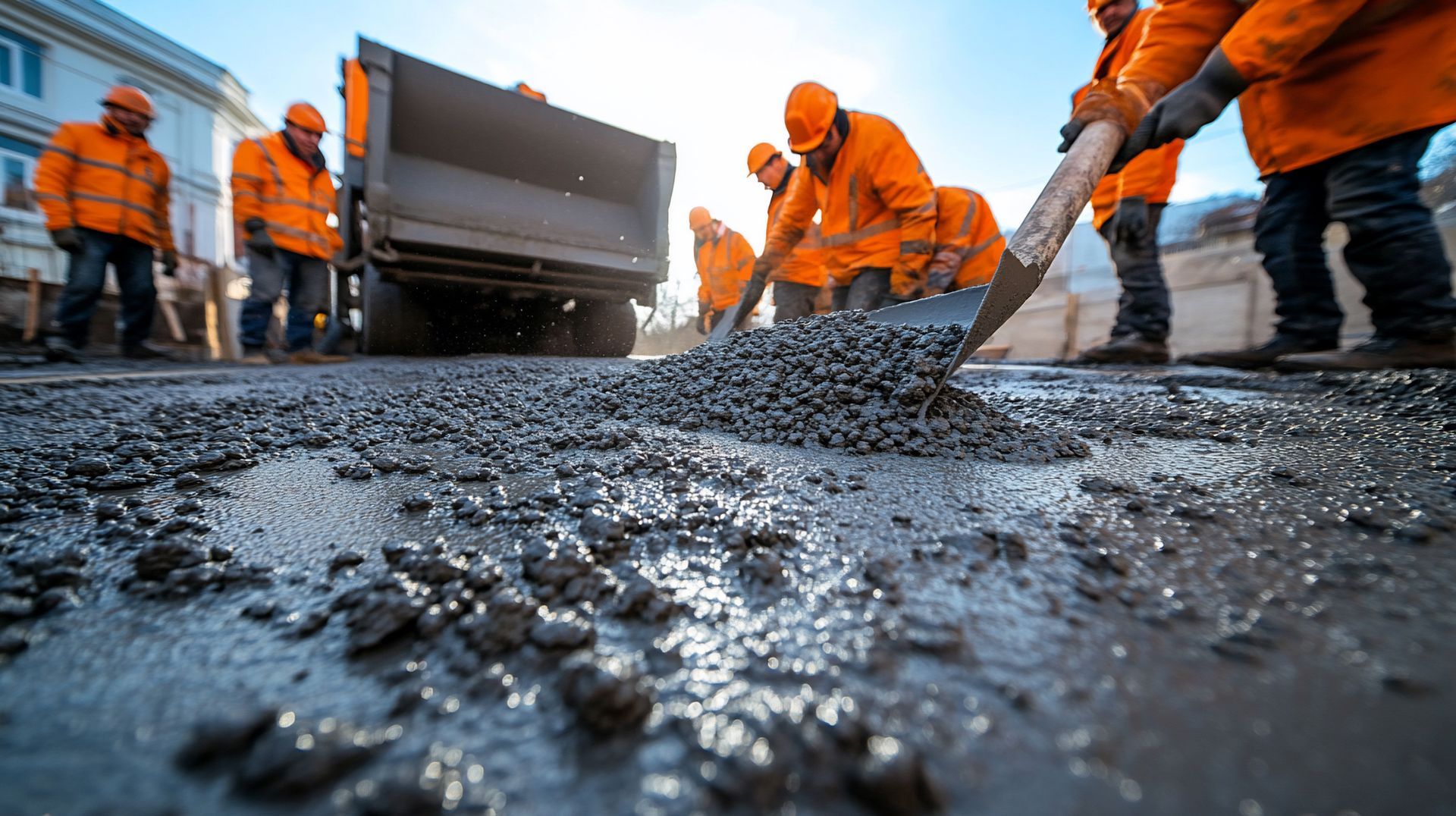 A group of building contractors pour and level a layer of cement on a project.