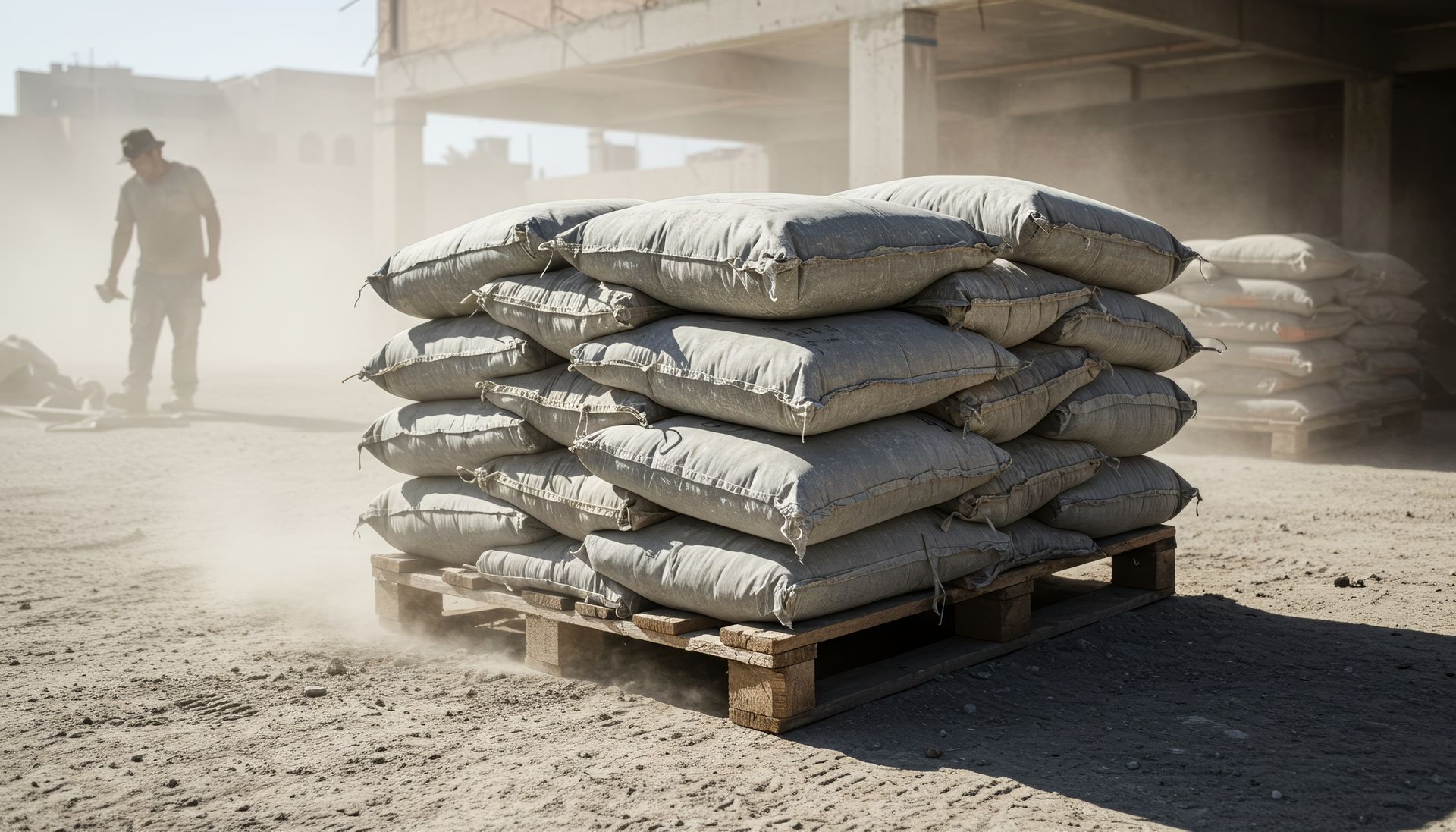 Towers of cement bags are stacked on the ground, under the sun.