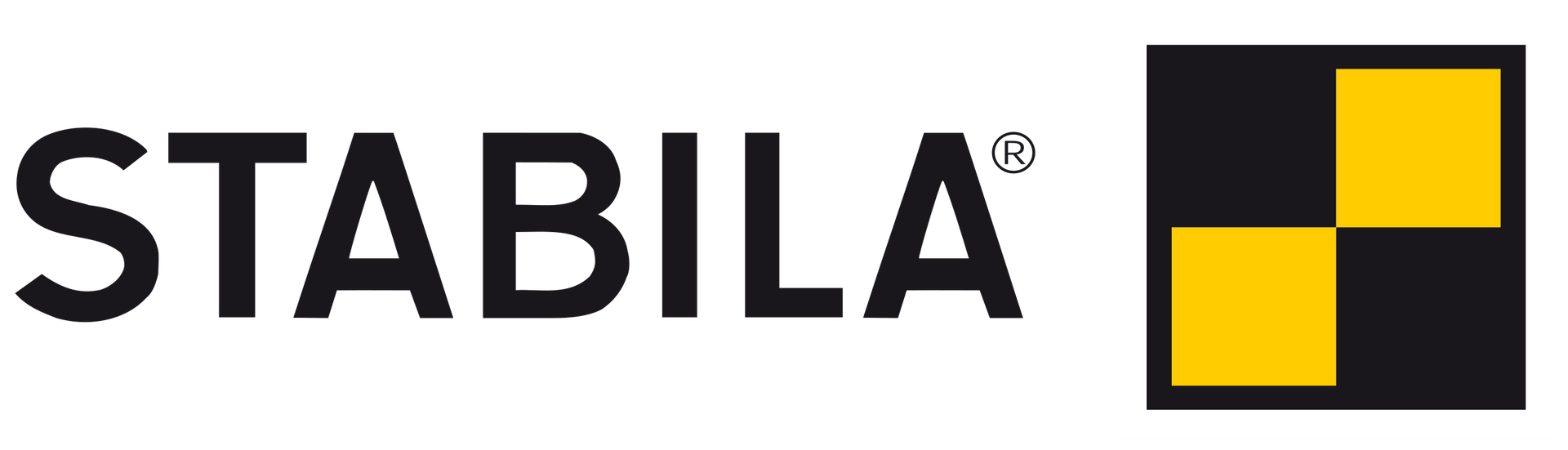 STABILA logo: black text with a trademark symbol, and a black square with alternating yellow squares.