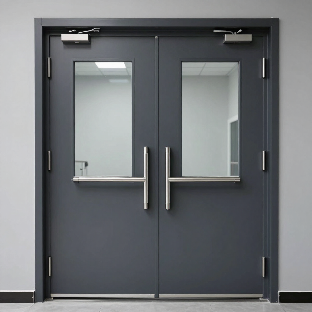Double gray doors with narrow windows and metal push bars in a hallway