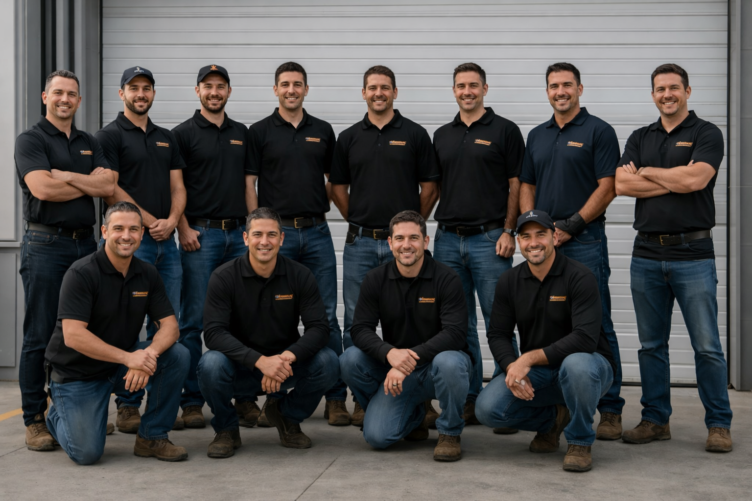 Group of workers in black shirts posing in front of a metal garage door.