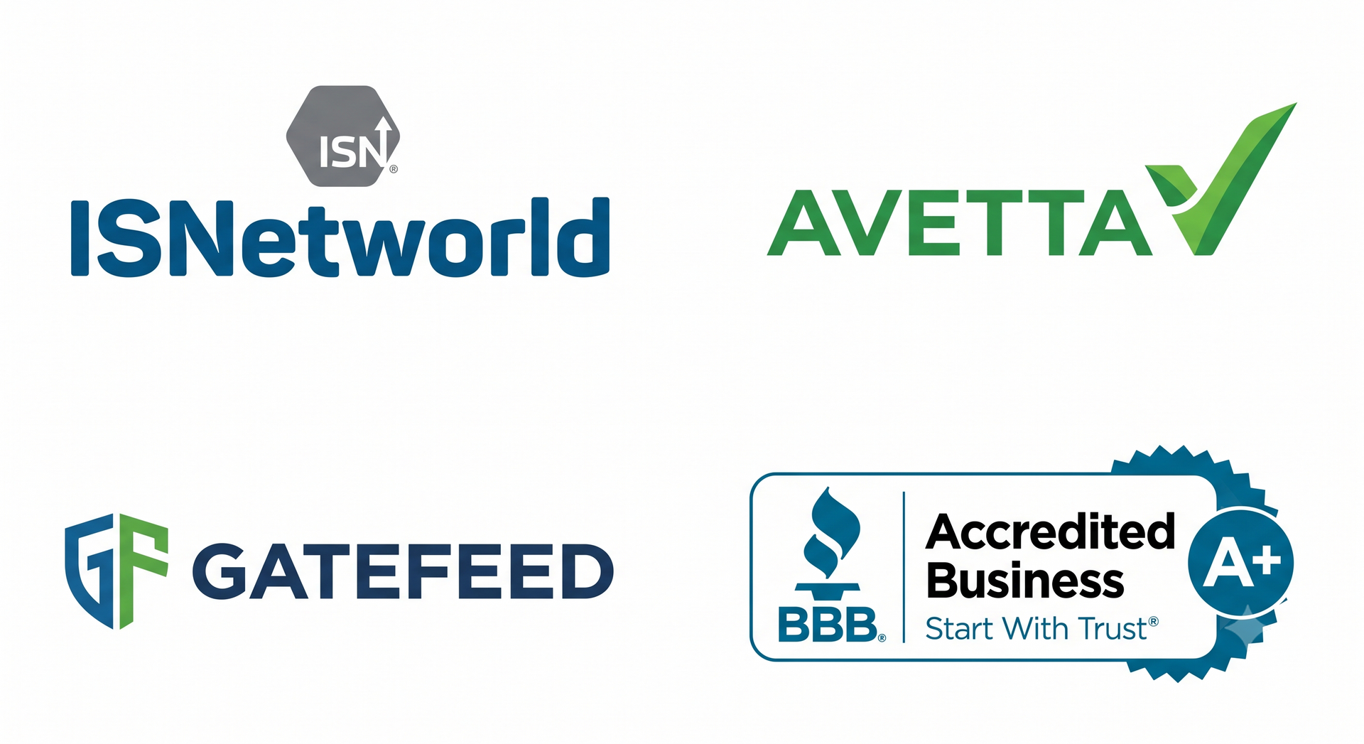 ISNetworld, AVETTA, Gatefeed, and BBB Accredited Business logos on a white background
