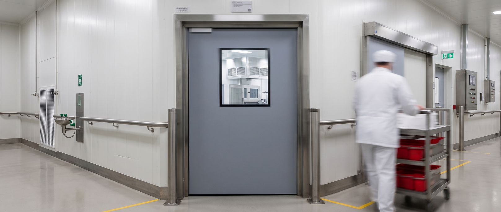 Hospital hallway with a person in a white coat pushing a red cart past a gray door