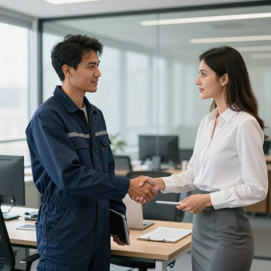 Two coworkers shaking hands in a modern office with desks and computer monitors.