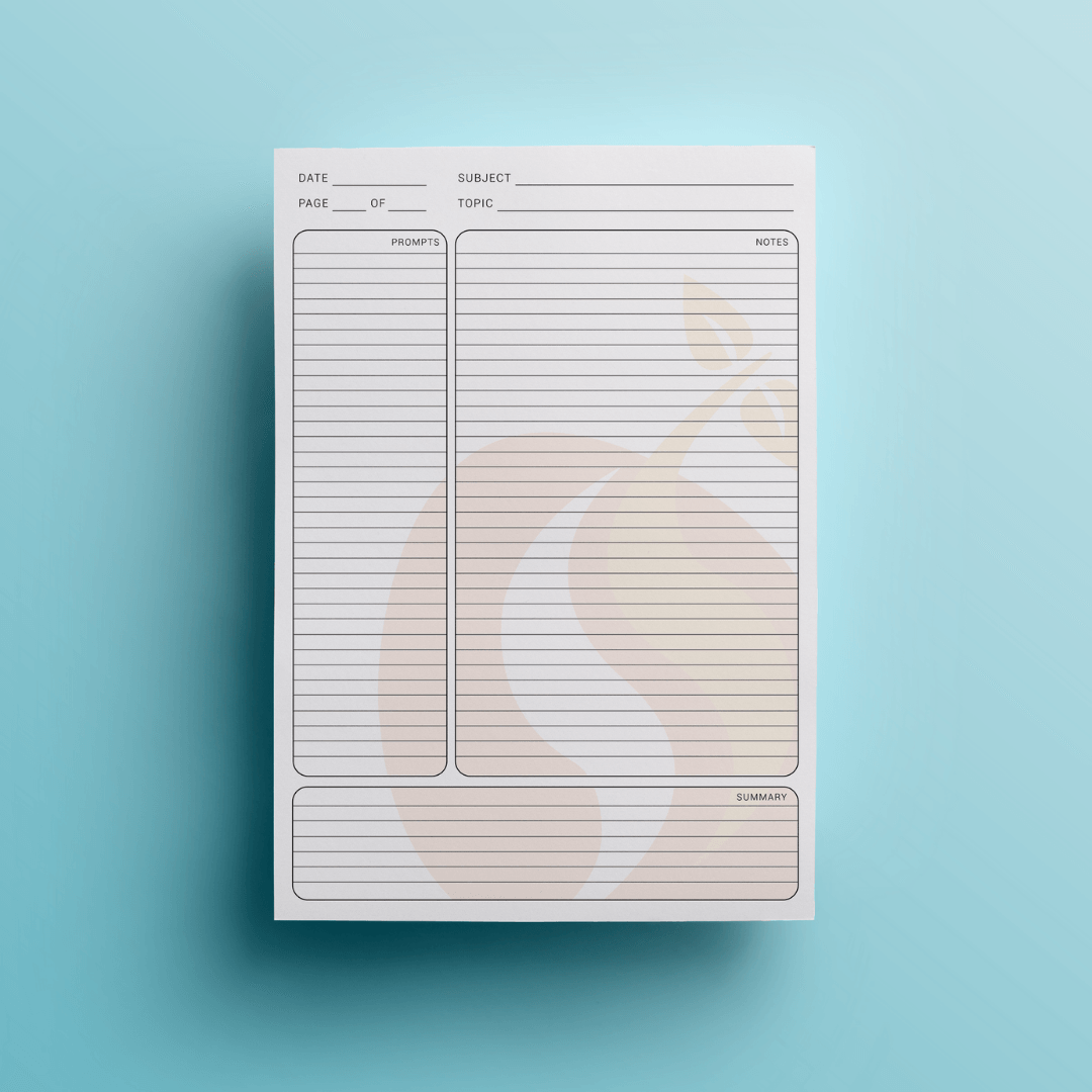 White notepad with horizontal lines on a blue background, a peach-colored logo is faintly visible.