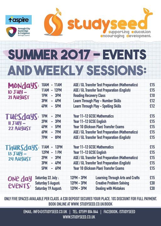 Summer Timetable Programme 2017 Craigavon Activities Tutoring Classes and Courses Studyseed CIC