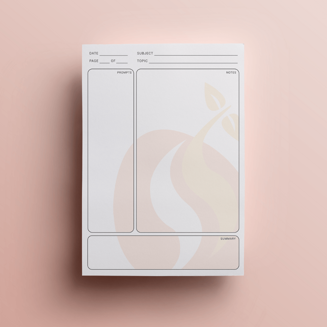 White notepad with orange and yellow peach illustration on a pink background.