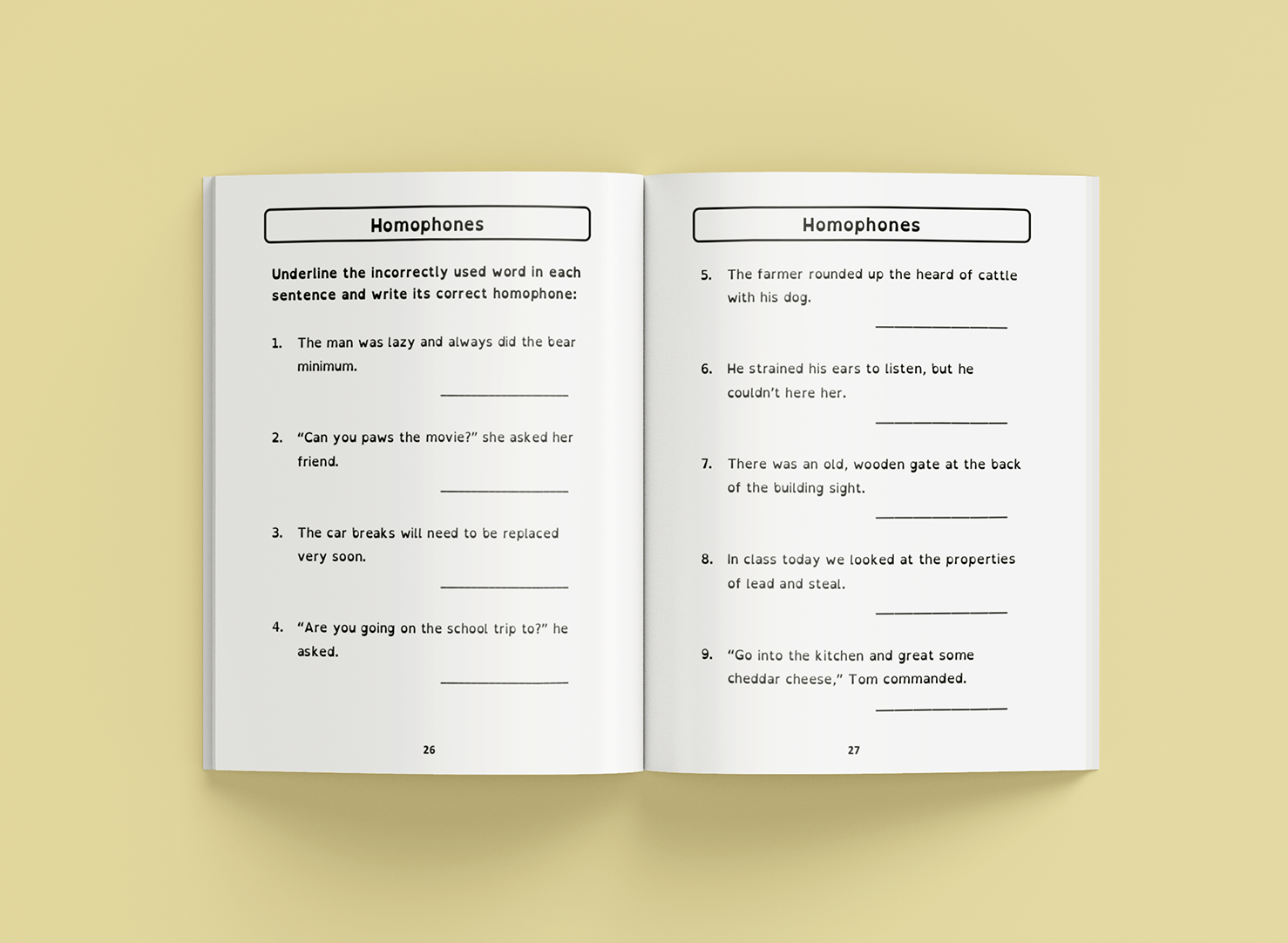 Open book with lined pages; text prompts to write answers; light-yellow background.