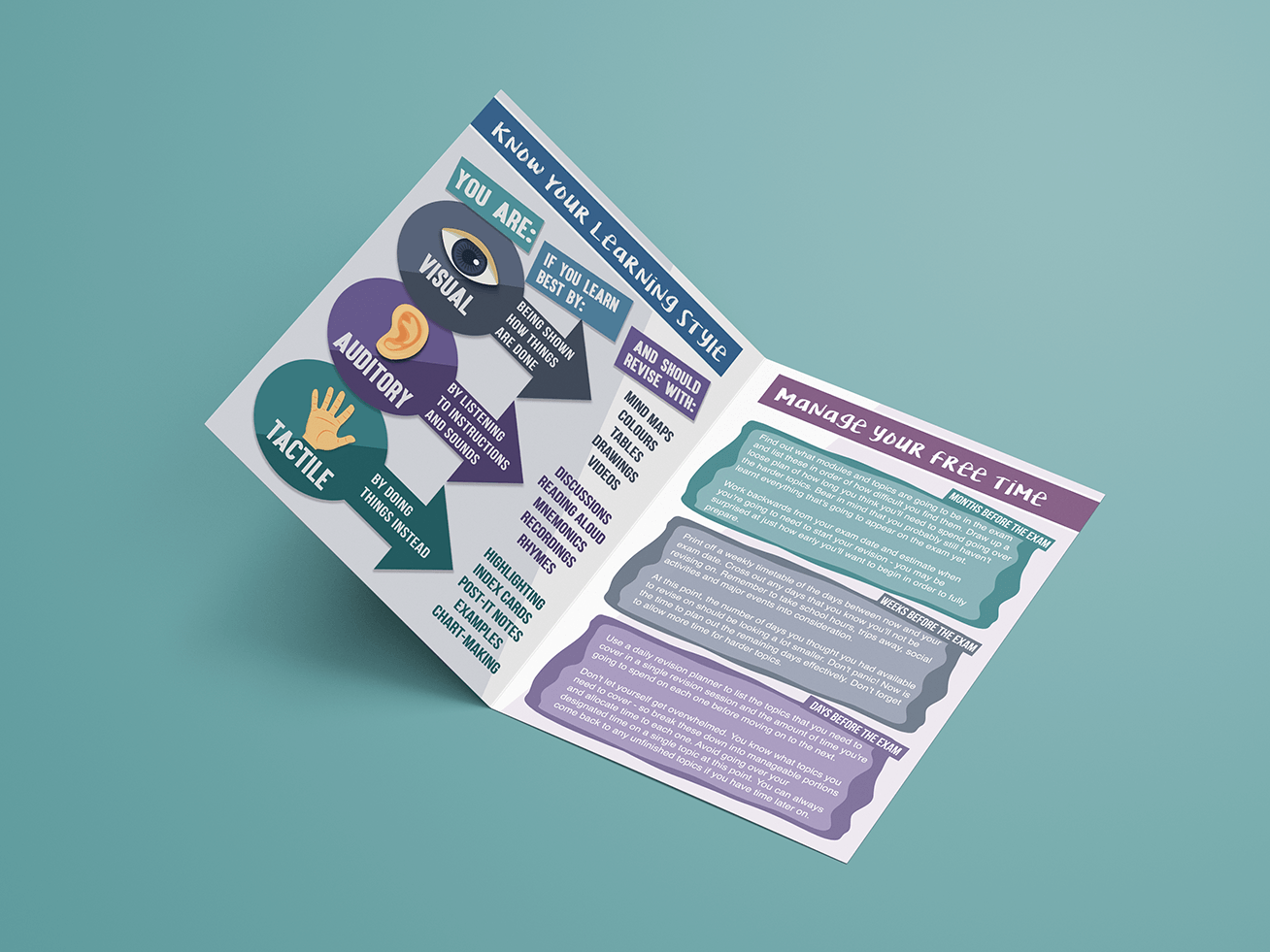 Brochure illustration showing steps. Purple, teal, and blue; includes icons of eye, person, and hand; on a teal background.