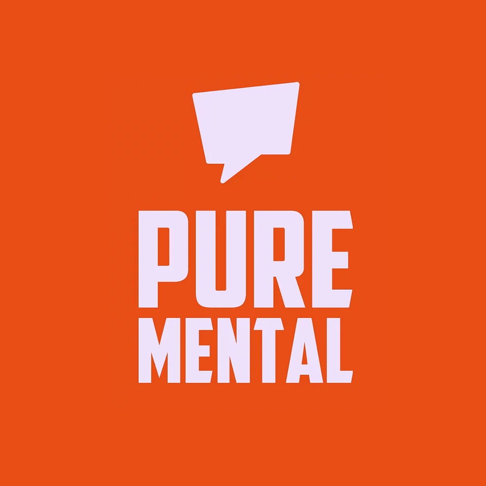 Orange background with light purple text: