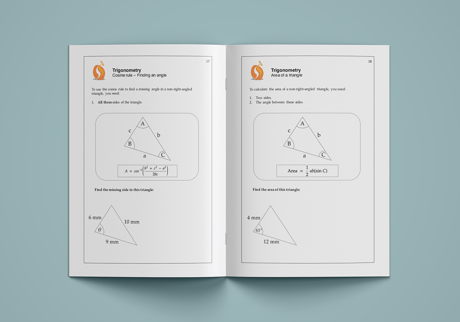 Open book with geometric diagrams and text instructions; diagrams show triangles, angles, and circles.