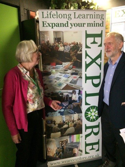 Explore Lifelong Learning 2016 Jeremy Corbyn & Dorothy Stainsby  with Explore banner adult education