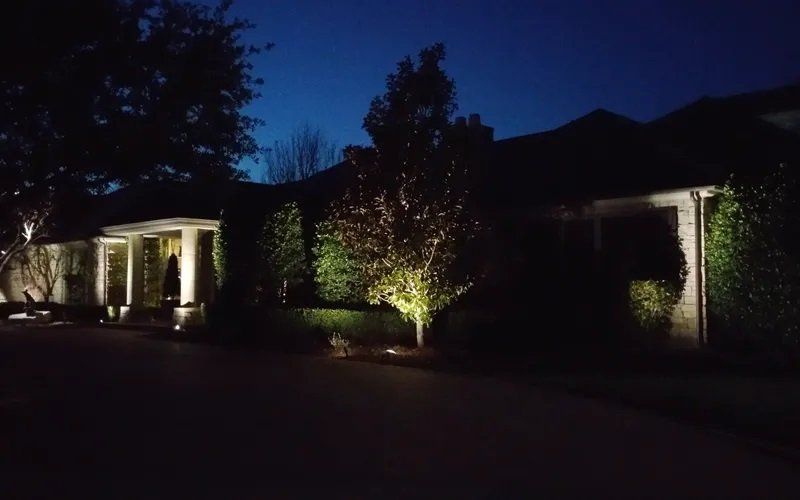 A house is lit up at night with trees in front of it