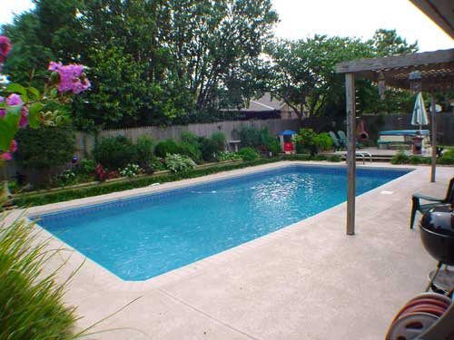 A large swimming pool in a backyard with a pergola