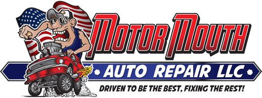 A logo for Motor Mouth Auto Repair LLC with a cartoon character on a golf cart