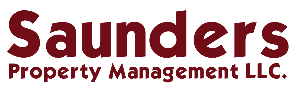 The logo for saunders property management llc is red on a white background.