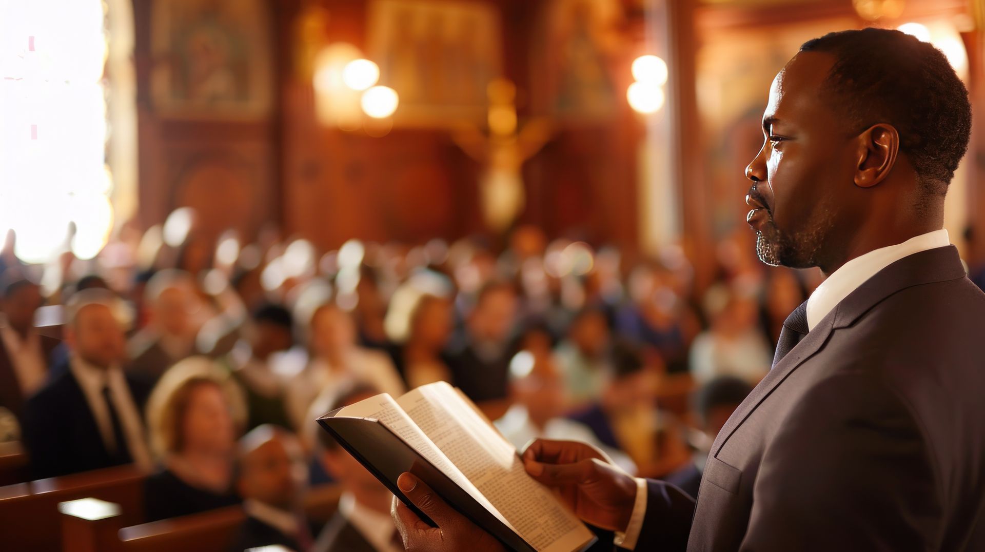 A Black man in a suit reads from a book in a church, facing a blurred congregation. Warm light shines on the scene.