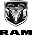 RAM logo with chrome ram head emblem and bold black text on white background