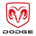 Red Dodge logo with stylized ram head and black “DODGE” text below
