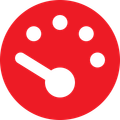Red circular timer icon with white clock hand and five dots around the top edge