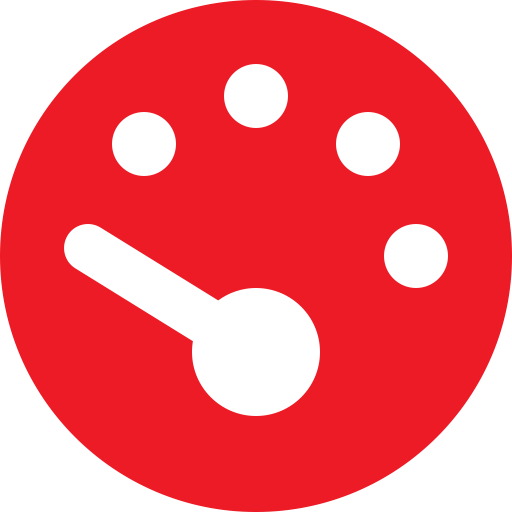 Red circular timer icon with white clock hand and five dots around the top edge