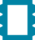 Teal gear-shaped frame with a white rectangular center