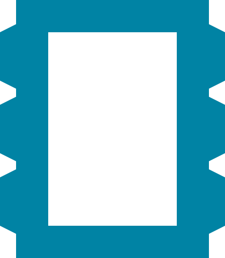 Teal gear-shaped frame with a white rectangular center