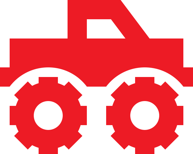 Red construction vehicle icon with two gear-shaped wheels