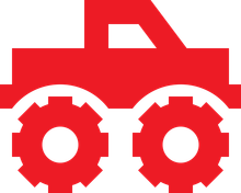 Red construction vehicle icon with two gear-shaped wheels