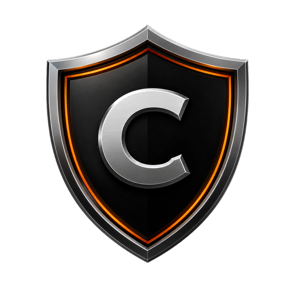 Black shield icon with a silver letter C and orange outline
