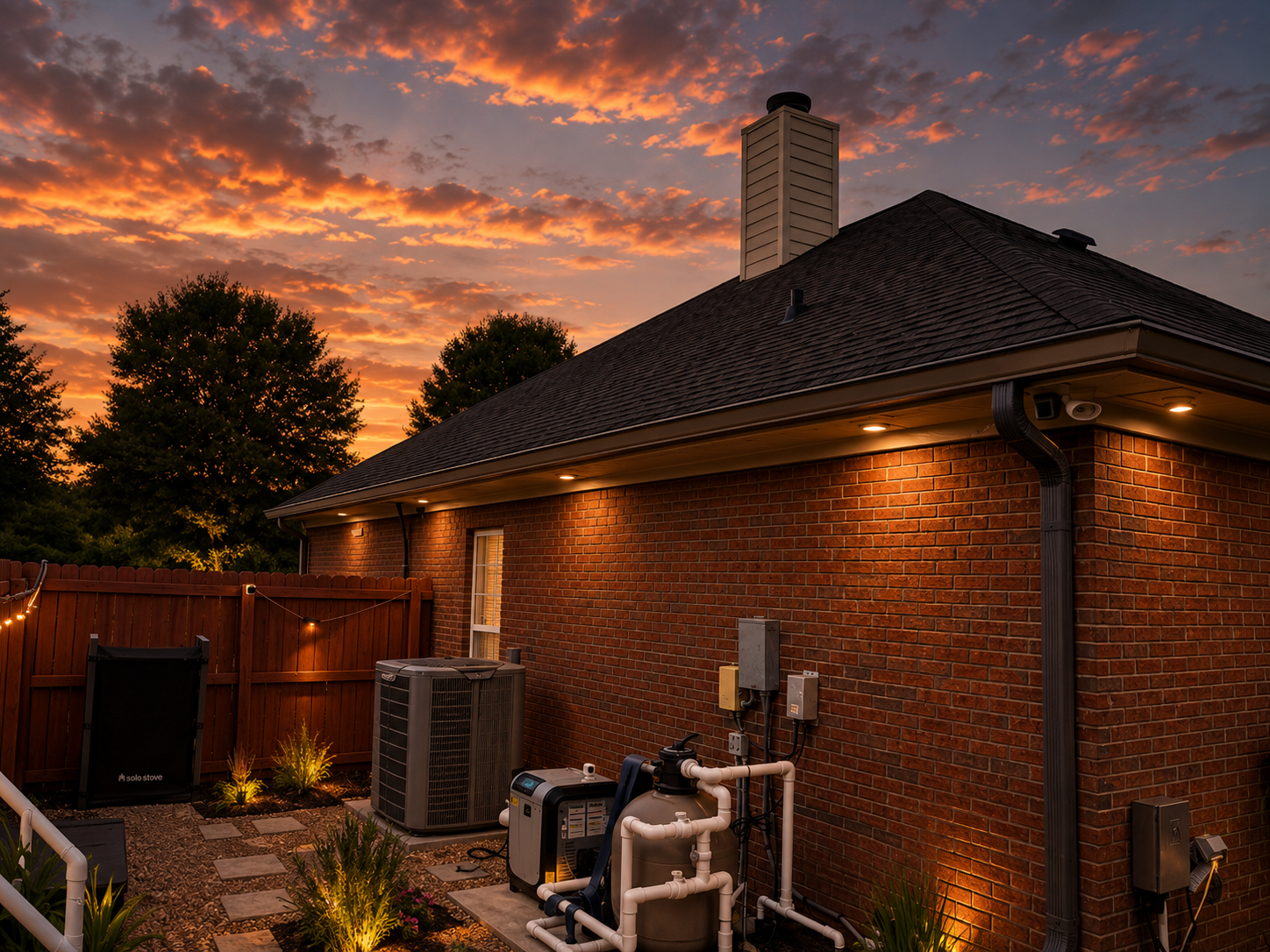 Backyard brick house at sunset with glowing orange sky, roofline, chimney, and outdoor HVAC units