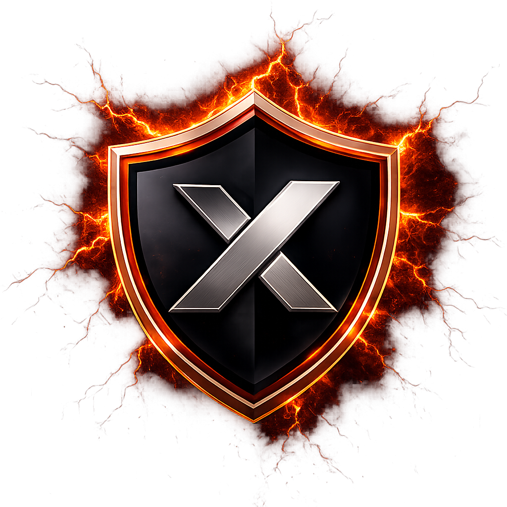 Black shield emblem with a metallic X, outlined in fiery orange glow and cracks